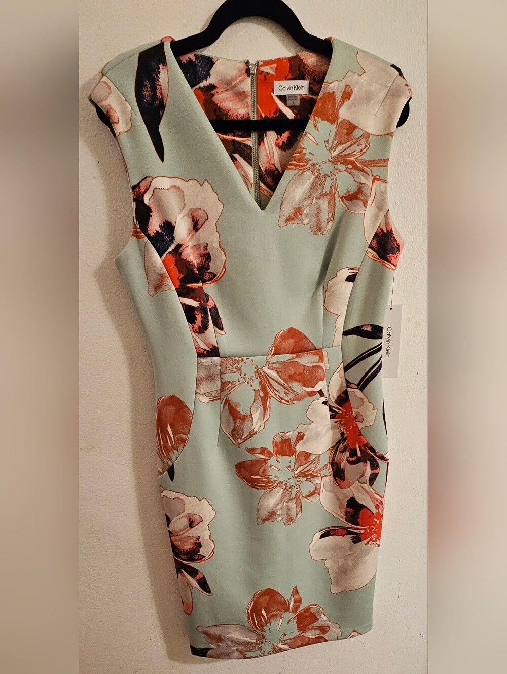 Calvin Klein Mint Green Floral Midi Sheath Dress with Coral Accents